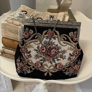Vintage Floral Embroidered Tapestry Clutch/ Sm Purse/Gold and Black Accents